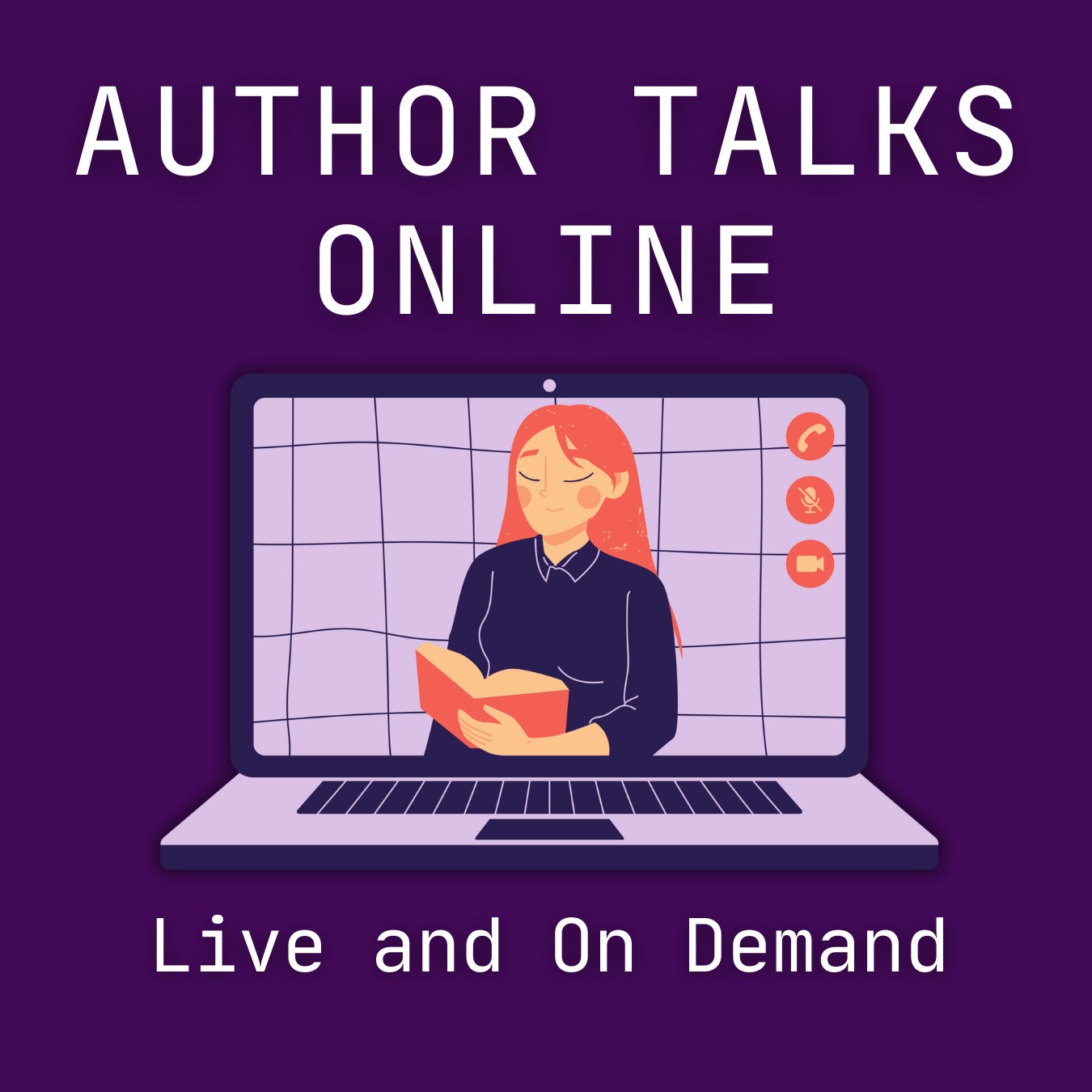 image shows a woman reading a book on a laptop screen; purple background white text author talks online